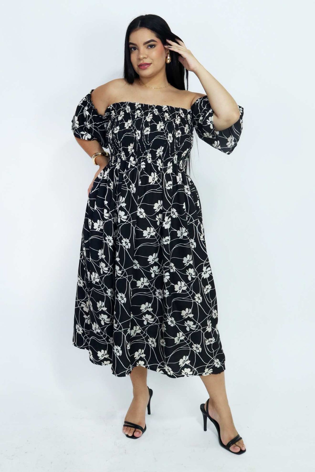 Vestido Midi Estampado Ombro a Ombro com Mangas